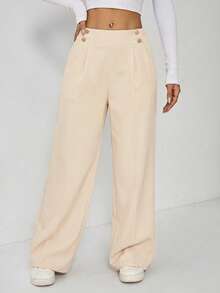 SHEIN EZwear Summer Elegant Casual Metal Double Button Straight Leg Office Pants, Beige, Plus Size - Beige - View 3