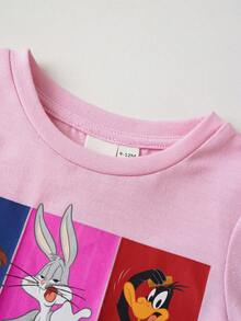 LOONEY TUNES X SHEIN 女婴百搭圆领短袖T恤和休闲短裤套装 - 粉色 - 查看 3