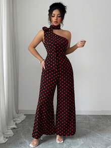 GlowEve CURVE Plus Size Women's Elegant Black & White Polka Dot Asymmetric Neck Jumpsuit, Suitable For Commuting, Spring/Summer - Multicolor - View 3