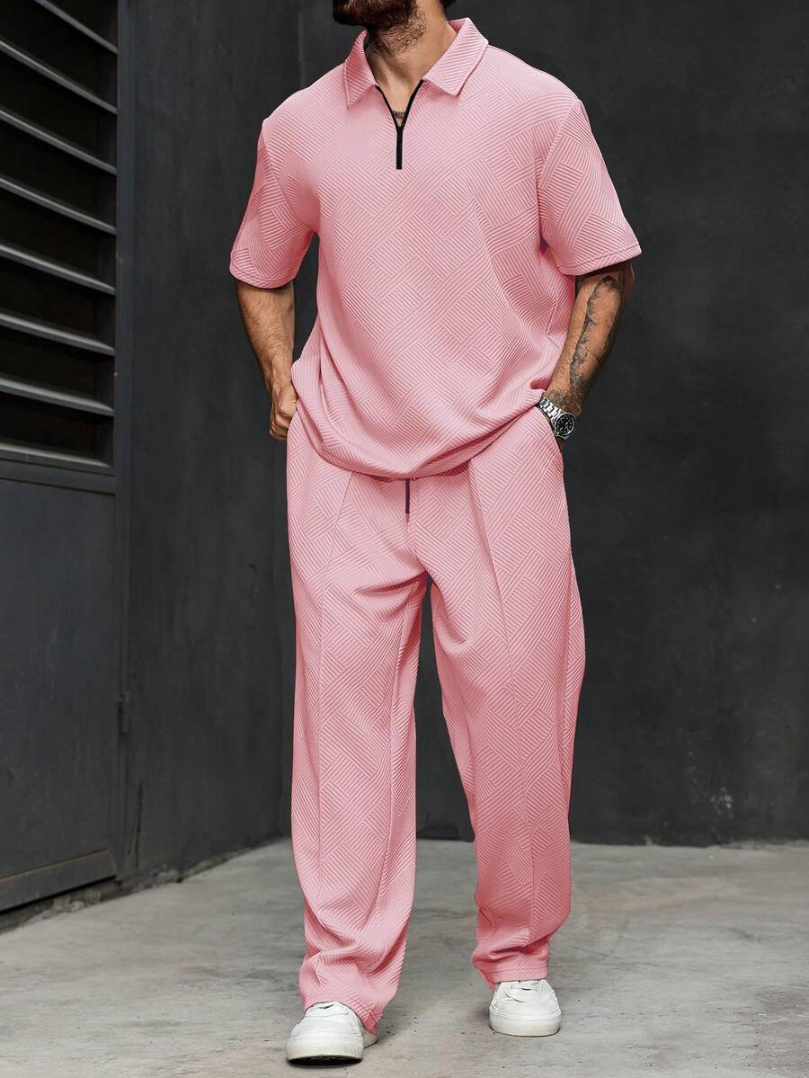 Manfinity Homme Plus Size Men's Zip-Up Half Placket Short Sleeve Polo Shirt And Casual Drawstring Waist Pocket Pants Set - Dusty Pink - View 1