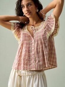 SoleilVie Blusa con cuello cuadrado, abotonada, con parches de encaje floral y mangas con volantes - Rosa Pálido - Ver 7