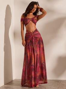 Opulessa Women's Vacation Printed Off Shoulder Cropped Sexy Halter Top - Red - View 3