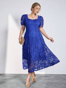 SHEIN Clasi 大码优雅纯色蕾丝连衣裙，夏季 - 藍色 - 查看 5