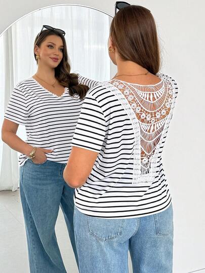 Shapeblank Plus-Size Women's Spring/Summer Fashionable Casual Loose Comfortable Everyday Black And White Striped Hollow-Out Embroidered Hollow-Out Short-Sleeved T-Shirt.Going Out Tops,Simple Style,Vacation Outfits,European Summer