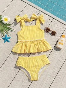 SHEIN Baby Girl Bow Decor Striped Ruffle Cute Swimsuit Top And Shorts Set - Yellow - View 2