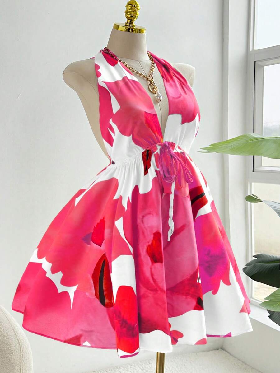 Sweetra Đầm nghỉ mát gợi cảm cỡ lớn, kiểu cổ yếm buộc dây, in họa tiết toàn thân. - Màu Hồng Tươi - Xem 1