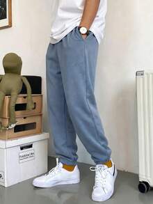 Manfinity Homme Men's Solid Color Drawstring Waist Pocket Casual Sweatpants - Baby Blue - View 3