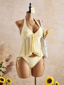 Bellisia Nuevo traje de baño tipo tankini con tirantes y rayas amarillas y blancas para el verano 2026, estilizador y favorecedor para vacaciones en la playa - Amarillo claro - Ver 4