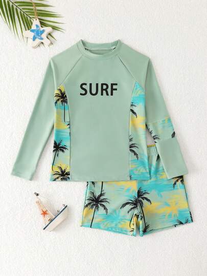 SHEIN GraphicGems Tween Boys Swimwear, Multi-Color (Green, Black, Yellow, Orange) Palm Tree Knit Fabric Long Sleeve Top And Shorts 2-Piece Swimsuit Set, Fashionable Casual Cool Sporty Suitable For Swimming, Summer Vacation, Beach, Pool, Holiday Party