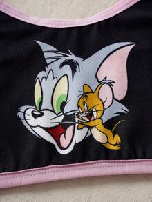 TOM & JERRY X SHEIN 女童舒适柔软卡通图案滚边吊带衫 - 黑與白 - 查看 6