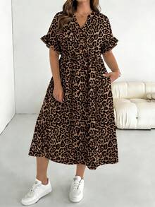 SHEIN Essnce Đầm ngắn tay họa tiết da báo dáng rộng dành cho nữ, thích hợp cho mùa xuân và mùa hè. - Nhiều màu - Xem 3