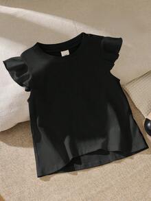 SHEIN Camiseta casual holgada para niña con cuello redondo y dobladillo con volantes de unicolor - Negro - Ver 1