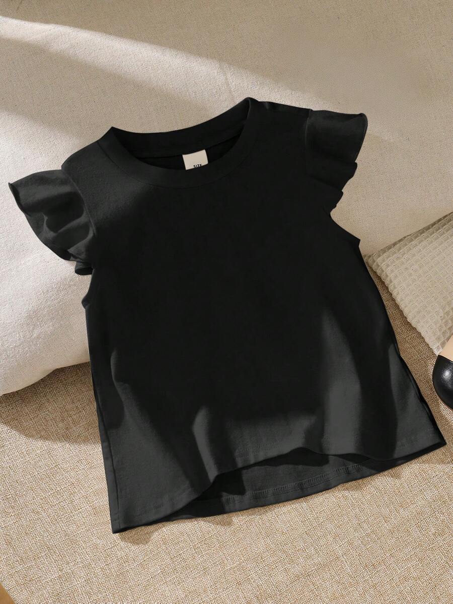 SHEIN Camiseta casual holgada para niña con cuello redondo y dobladillo con volantes de unicolor - Negro - Ver 1