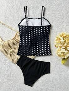 SHEIN 女童两件式坦克泳衣，蓝色条纹女童泳衣，少女泳衣，蓝色条纹少女泳衣，女童蓝色泳衣，暑假 - 黑色 - 查看 2
