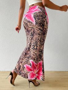 BamGleam 女士夏季豹纹粉色芙蓉花褶皱鱼尾裙，适合日常外出、下午茶和夏季度假穿着 - 棕色 - 查看 2
