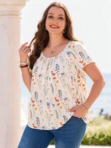 EMERY ROSE Camisa Casual de Manga Curta com Estampa Floral Completa para Mulheres Plus Size, Estilo Boho para Mulheres/Verão, Looks de Férias para Mulheres - Multicolorido - Visão 6