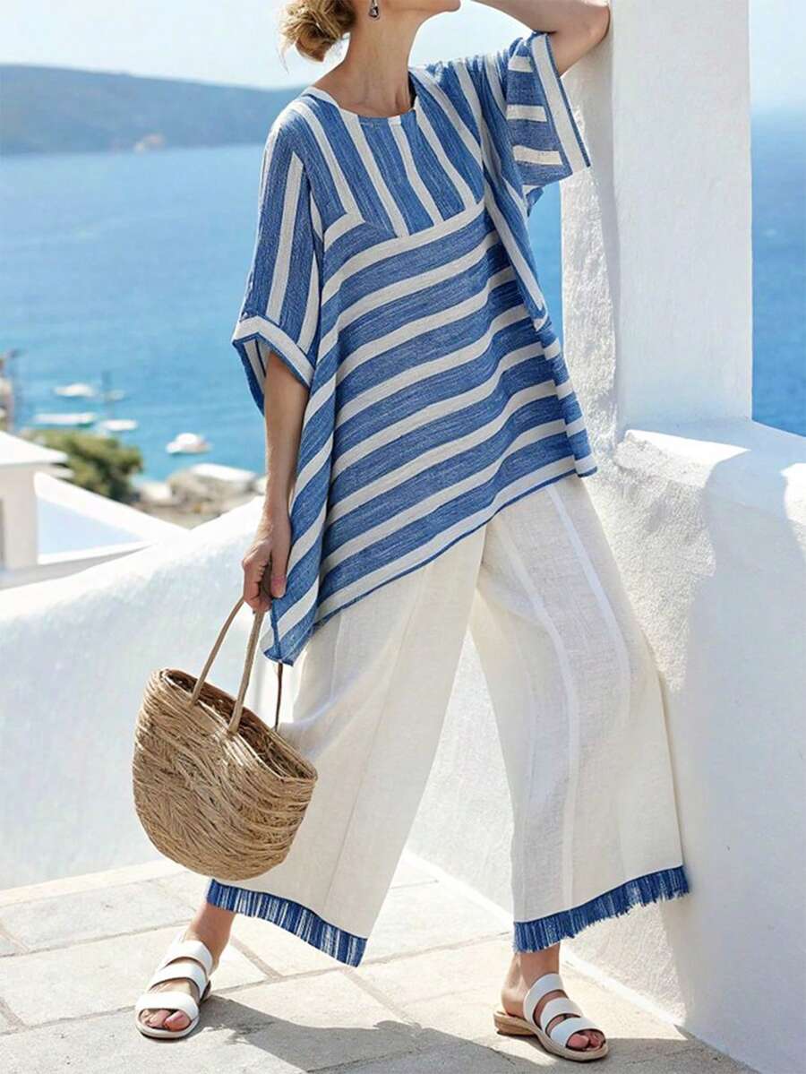 SHEIN Holidaya 女士优雅度假休闲夏季海滩度假套装印花T恤 - 藍色 - 查看 1