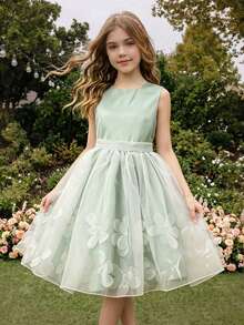 SHEIN Vestido corto de niña de las flores de diseño nuevo, vestido formal de tul esponjoso, vestido de actuación de piano - Verde - Ver 6