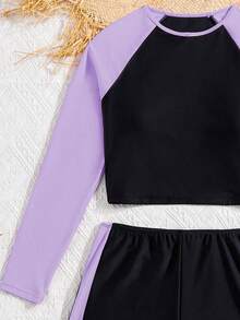 SHEIN Teen Girls/Teenager Purple & Black Contrast Color Block Raglan Sleeve Snug Fit Swimsuit Set, Suitable For Summer Beach - Mauve Purple - View 3