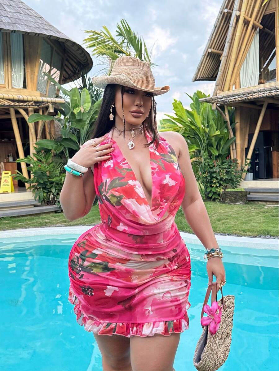 Swim Vcay Plus Size Floral Print Backless Halter Neck Cover Up Beach Vacation Pink Summer - Red - View 1