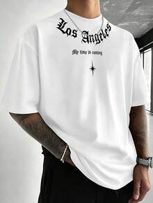 Manfinity LEGND Men's White Gothic Los Angeles Letter Print Short Sleeve T-Shirt, American Street Style Casual Summer Holiday Music Festival Party Daily Wear Top - White - View 2