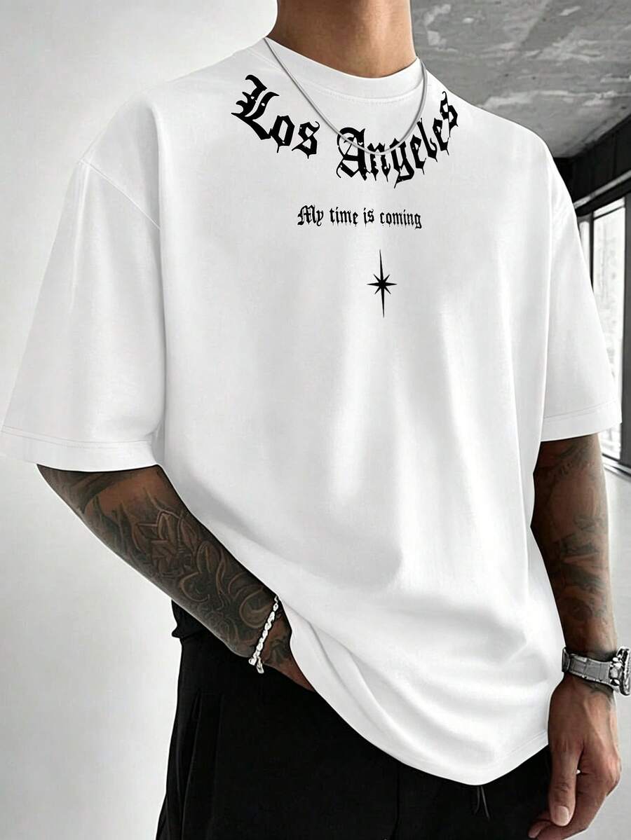 Manfinity LEGND Áo thun nam tay ngắn màu trắng in chữ Los Angeles theo phong cách Gothic, kiểu dáng đường phố Mỹ, thích hợp mặc hàng ngày vào mùa hè, dịp lễ hội âm nhạc, tiệc tùng. - trắng - Xem 1