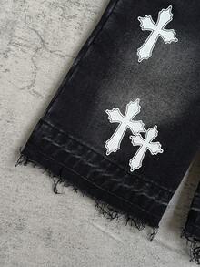 男童黑色牛仔宽松背带短裤，十字图案 - 黑色 - 查看 3