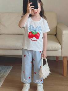 SHEIN 2026夏季新款可爱3D蝴蝶结短袖上衣+独特蝴蝶结阔腿休闲裤女童蓝色两件套 - 淺藍色 - 查看 3