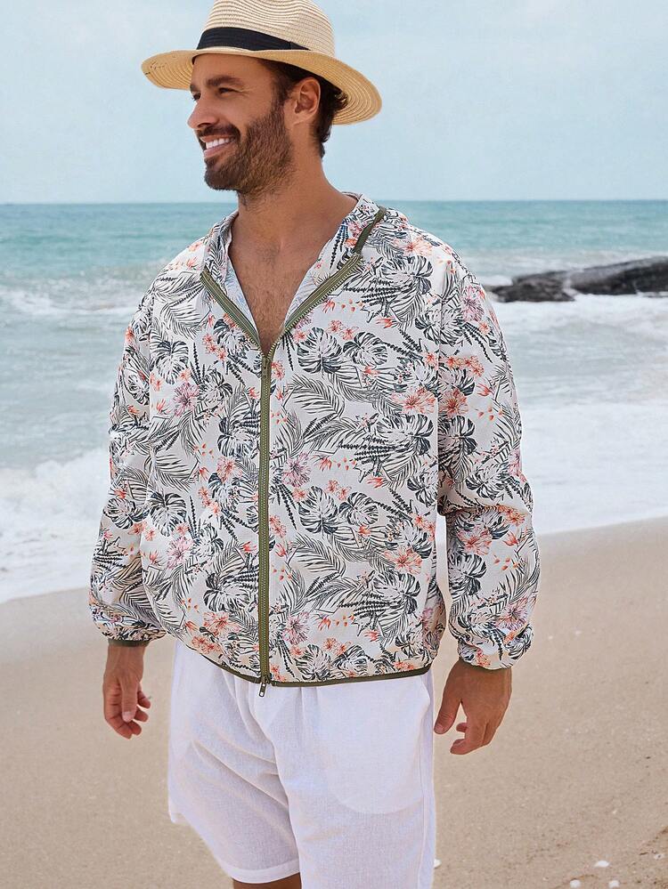 Multi-Color Floral Print Hooded Cover Up For Men, Spring/Summer