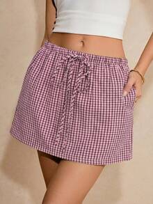 Poéselle Pantalones cortos de mujer a cuadros con cordón en la cintura, versátiles y de uso diario - Rosa - Ver 5