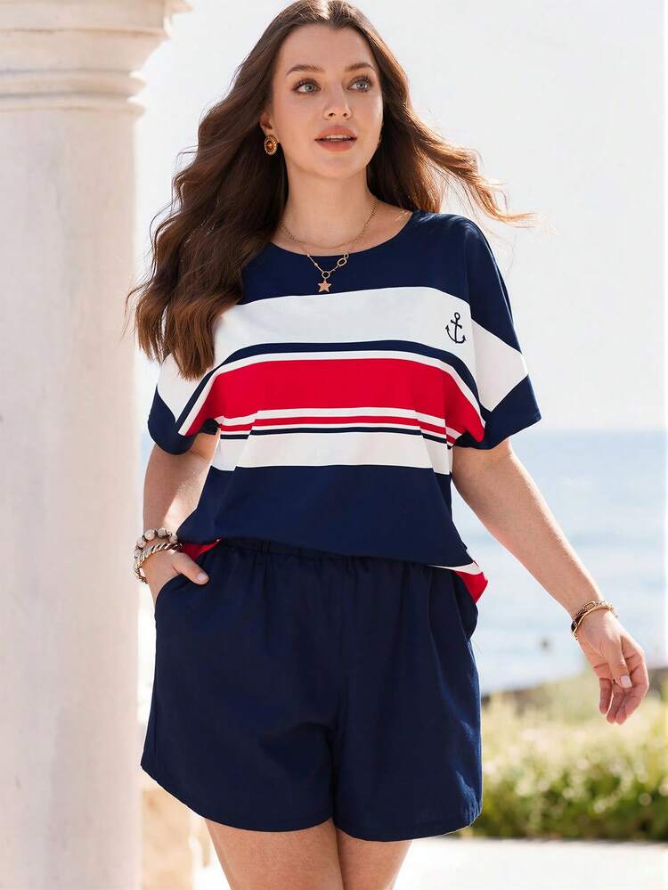 Plus Size Women Striped Batwing Sleeve Shirt And Shorts Casual Suit