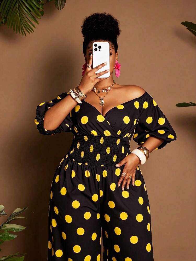 Maweii Plus Size Off-Shoulder Polka Dot Drawstring Waist Short