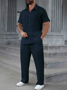 Manfinity Homme 大尺碼男士休閒純色襯衫與長褲兩件套，夏季，正式 - 藏蓝色 - 查看 6