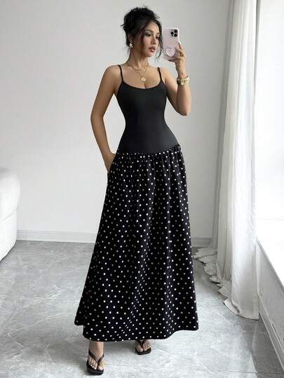 Elenzga Women's Black & White Polka Dot Patchwork Spaghetti Strap Bodycon Dress, Suitable For Dates, Casual, Vacation, Beach, Minimalist Daily Wear, Holiday, Birthday Party, Wedding, New Summer Dress, Office Attire