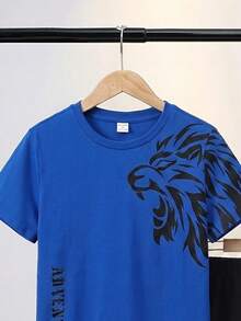 SHEIN Set Pakaian Santai Rajut Longgar Kasual Musim Panas untuk Anak Laki-Laki Remaja, 2 Potong, Motif Singa, Kaos dan Celana Pendek - Royal Blue - View 4