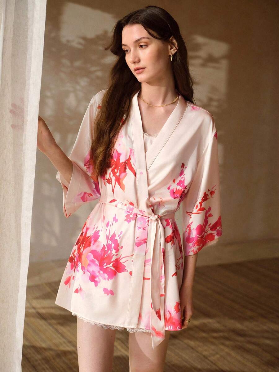 MOTF PREMIUM BATA DE SATÉN ESTAMPADA DE 3/4 DE MANGA PARA MUJER, PRIMAVERA/VERANO - Rosa - Ver 1