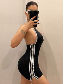 SHEIN ICON Color-Block Halter Backless Jumpsuit Jumpsuit For Summer - Black and White - View 5