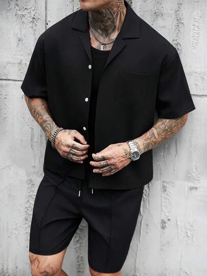 Manfinity LEGND Men's Simple Solid Color Front Button Short Sleeve Shirt And Shorts Set, Summer
