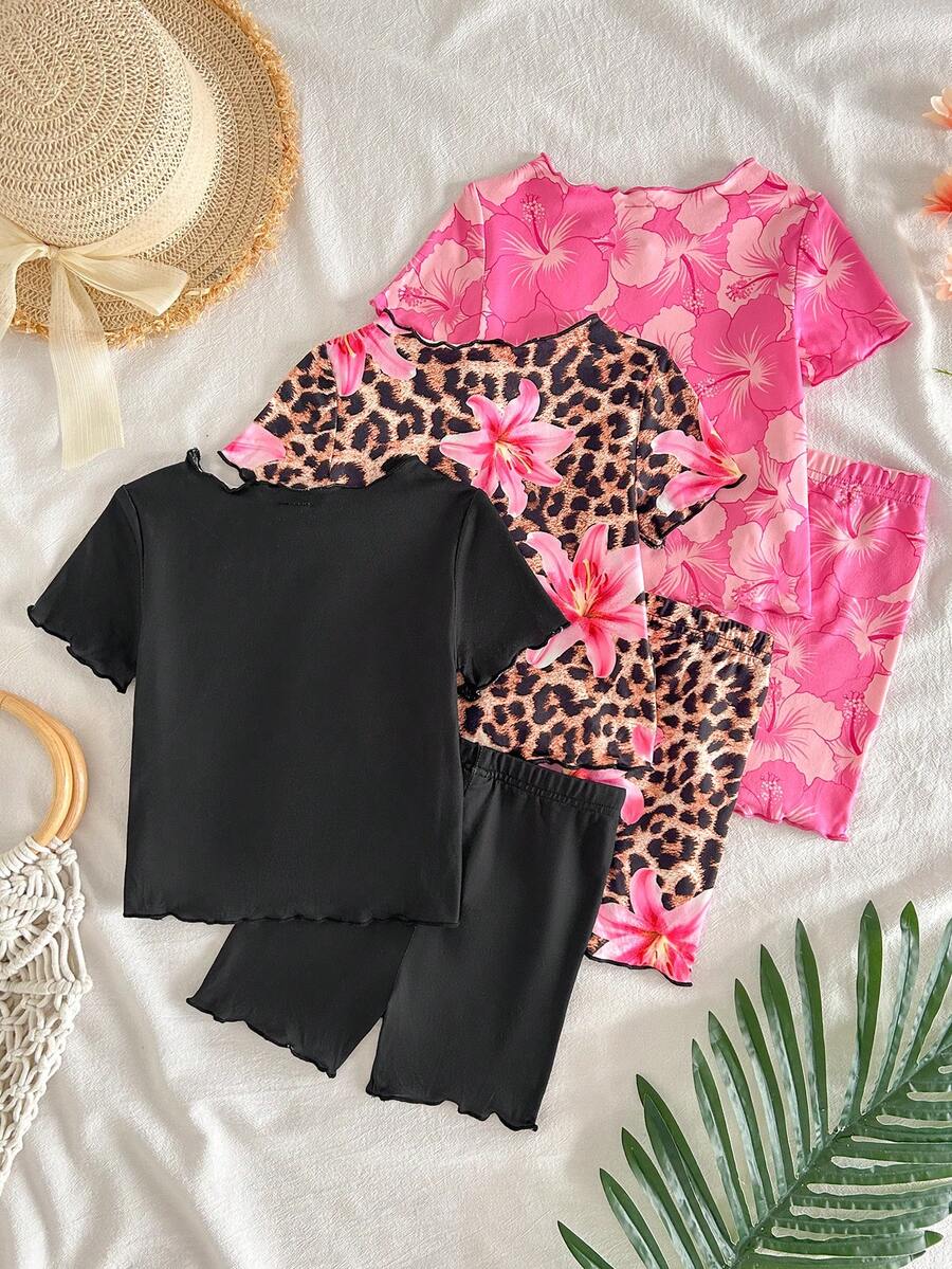SHEIN Baby Girl Cute Cartoon Strawberry Pattern Ruffle Round Neck Short Sleeve Shorts Knit Comfortable Skin-Friendly Summer Pajama Set 3pcs Random - Multicolor - View 1