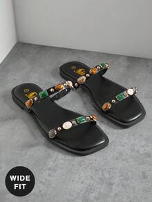 SHUZIA 宽楦 Vacation Glam 女士方头多宝石装饰纯素皮革黑色双带凉拖鞋 – 艺术感十足，色彩缤纷，适合度假穿着。 - 黑色 - 查看 6