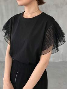 FRIFUL Women's Solid Color Round Neck Layered Mesh Flare Sleeve Short Sleeve T-Shirt, Summer - Black - View 1