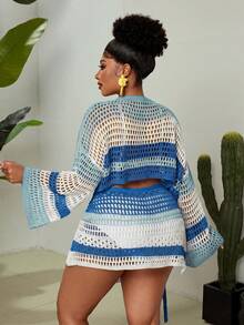 Maweii 女款藍白配色夏季波西米亞度假風 Y2K 著裝優雅條紋長袖開襟針織上衣與側開衩裙套裝，大尺碼 - 淺藍色 - 查看 2