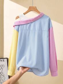 SHEIN Sparklyn 一件少女斜肩翻领两合一竖条纹长袖衬衫。粉色、浅蓝色和浅黄色马卡龙色调的独特配色，赋予其青春、个性、活力四射的感觉。适合女孩春夏日常休闲穿着和通勤。 - 彩色 - 查看 3