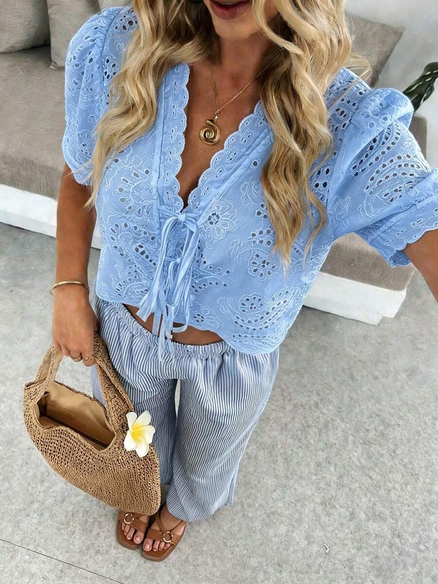 Pariaura Embroidered Floral Trim V-Neck Women Blouse - Blue - View 1