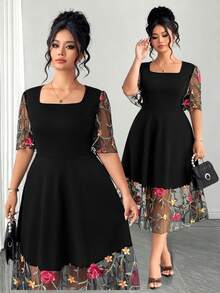 Elenzga Plus Size Women's Spring/Summer Mesh Patchwork Knit Fabric Square Collar Petal Sleeve A-Line Loose Casual Elegant Dress For Daily, Work, Vacation - Multicolor - View 7
