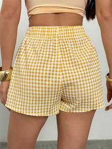 SHEIN PETITE Quần short kẻ caro dáng casual, tối giản và thời trang, phù hợp mặc hàng ngày. - Màu vàng - Xem 2