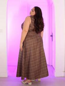 Pretty and Ole Plus Size Plaid Print Button Front Sleeveless Top And Skirt Elegant 2 Pieces Sets Summer - Brown - View 4