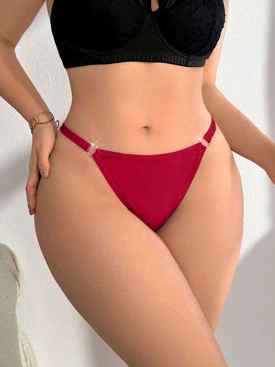 SHEIN 1 buah Celana Dalam Thong Minimalis Warna Polos Wanita Ukuran Plus Merah Musim Panas - Merah - View 1