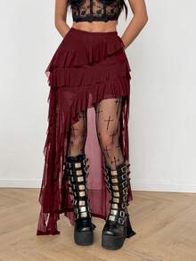 Coolane Váy dài nữ mùa Xuân/Đông phong cách Gothic Y2K, thời trang đường phố, du lịch, Boho Y2K, nhạc đồng quê, Gyaru, ren, bất đối xứng, xếp nếp, tua rua, màu đen, cạp thấp. - Màu Đỏ Sâu - Xem 7