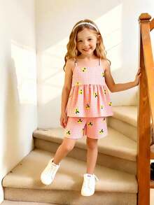 SHEIN Elladie kids 小女孩橙色格子樱桃印花吊带背心和短裤套装，清爽舒适的夏季服装 - 橘色 - 查看 3